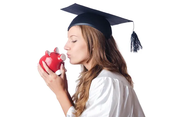 Studente e salvadanaio su bianco — Foto Stock