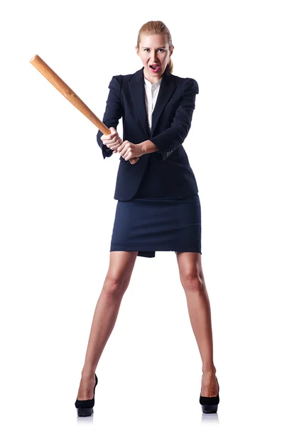 Businesswoman with baseball bat on white — ストック写真