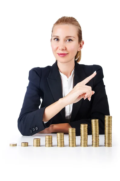 Businesswoman with coins on white — Stock Photo, Image