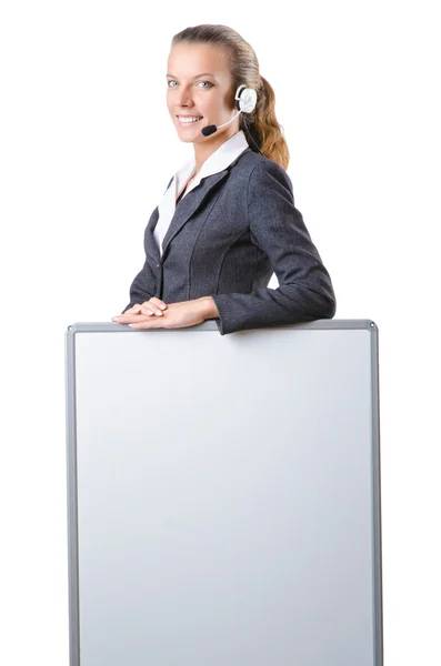 Chica con auriculares y tablero en blanco —  Fotos de Stock