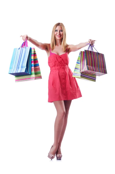 Concetto shopping con donna su bianco — Foto Stock