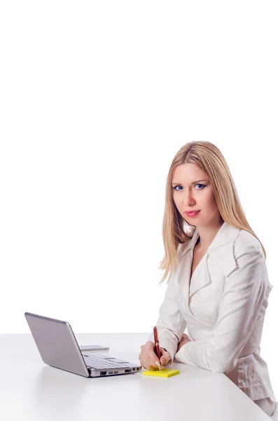 Woman with laptop on white — Stock Photo, Image