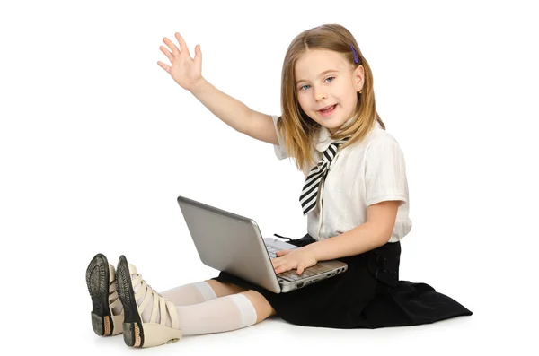 Leuk meisje met laptop op witte — Stockfoto