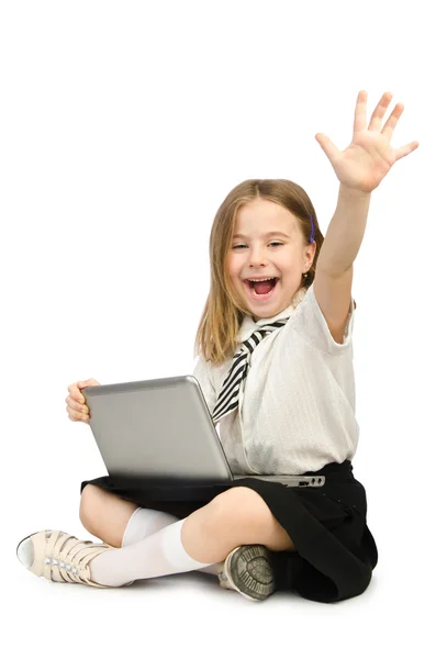 Cute girl with laptop on white — Stock Photo, Image