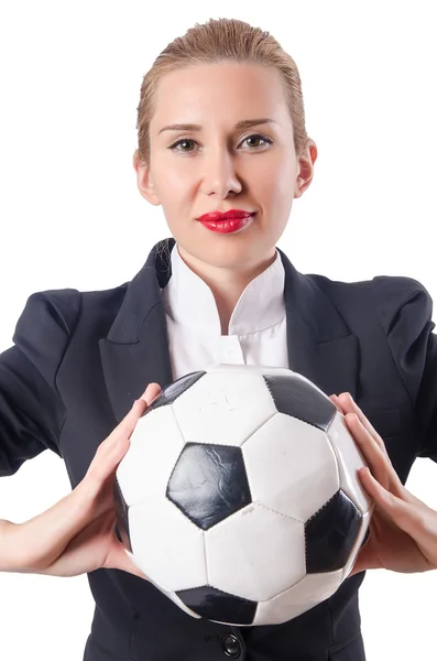 Businesswoman with football on white — Stock Photo, Image