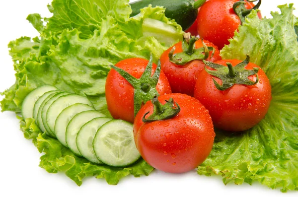 Pepinos e tomates prontos para salada — Fotografia de Stock