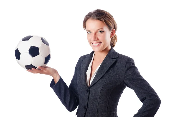 Businesswoman with football on white — Stock Photo, Image