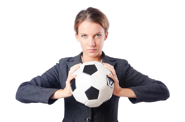 Businesswoman with football on white — Stock Photo, Image