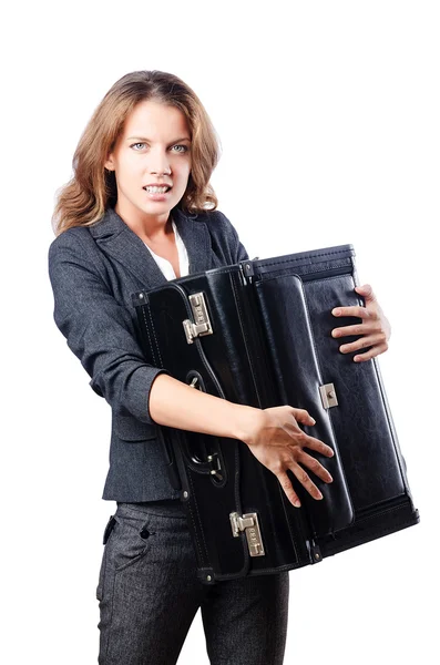 Mujer de negocios con maleta en blanco — Foto de Stock