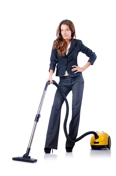 Donna pulizia con aspirapolvere — Foto Stock