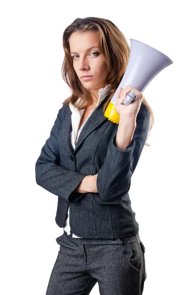 Mujer de negocios con altavoz en blanco — Foto de Stock