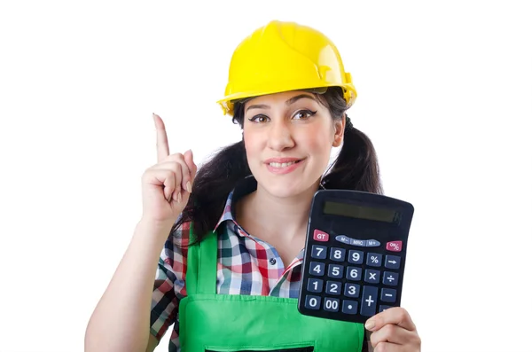 Woman builder with calculator on white — Stock Photo, Image