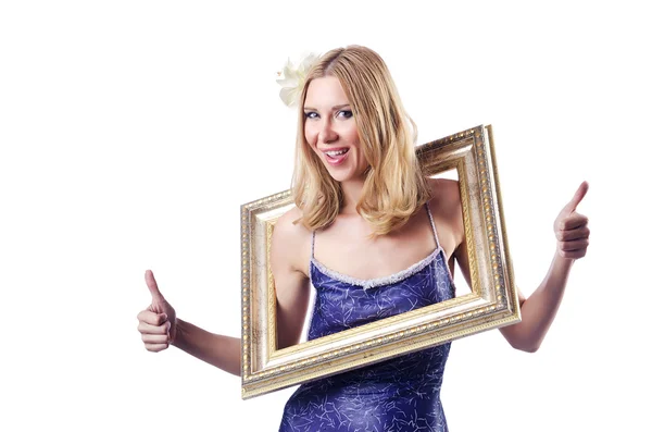 Woman with picture frames on white — Stock Photo, Image