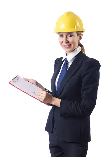 Businesswoman with helmet on white — Stock Photo, Image
