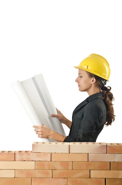 Zakenvrouw met tekeningen in de buurt van bakstenen muur — Stockfoto