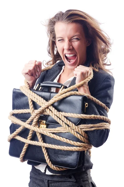 Businesswoman tied with rope on white — Stock Photo, Image