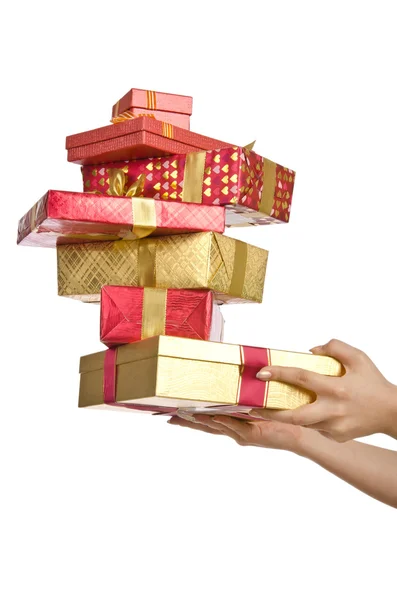 Hand innehav stack av giftboxes — Stockfoto