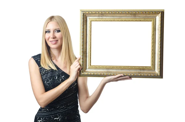 Woman holding picture frame on white — Stock Photo, Image