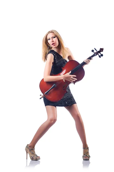Kvinna spelar cello på vit — Stockfoto