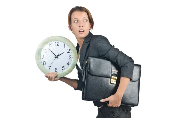 Femme d'affaires avec horloge isolée sur blanc — Photo