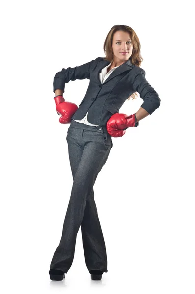 Jovem empresária no conceito de boxe — Fotografia de Stock