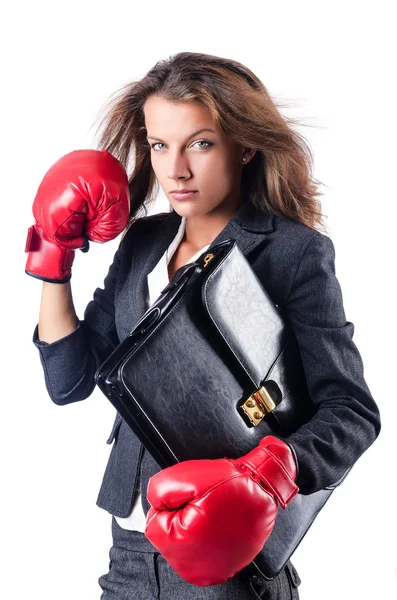 Empresaria enojada con guantes de boxeo —  Fotos de Stock