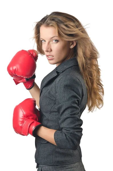 Jovem empresária no conceito de boxe — Fotografia de Stock