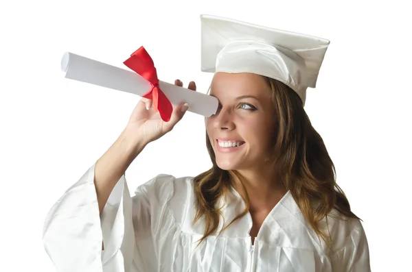 Junge Studentin mit Diplom auf weiß — Stockfoto