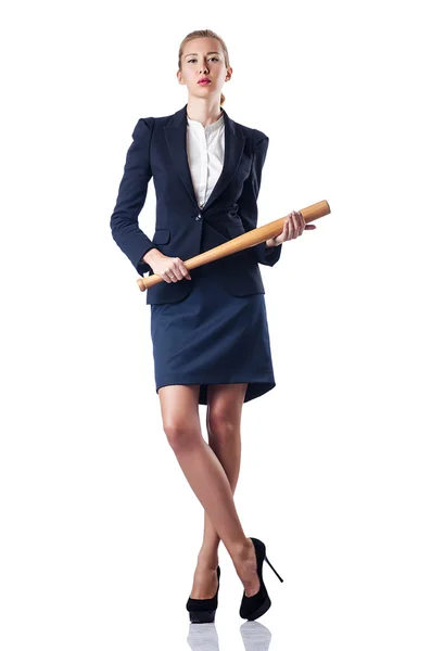 Geschäftsfrau mit Baseballschläger auf Weiß — Stockfoto