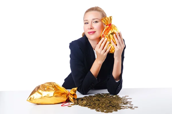 Nő érmékkel és aranyzsákokkal — Stock Fotó