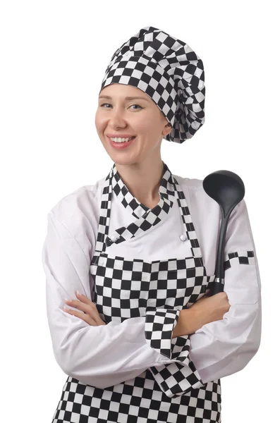 Jeune femme cuisinier isolé sur blanc — Photo