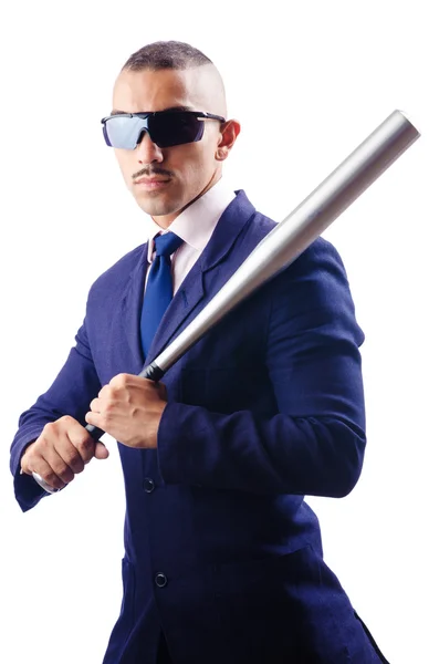 Handsome businessman with bat on white — Stock Photo, Image