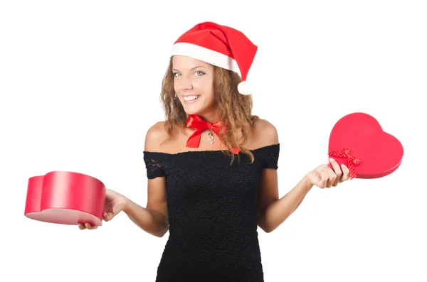 Young santa with giftbox on white — Stock Photo, Image