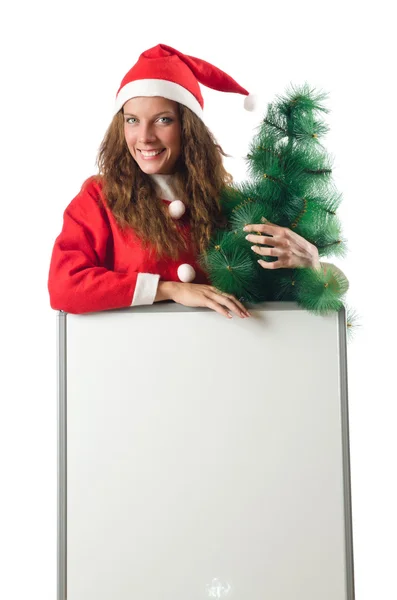 Young woman santa with blank board — Stock Photo, Image