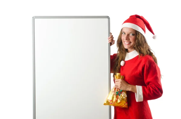 Молодая женщина Санта с пустой доской — стоковое фото