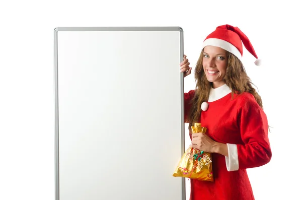 Young woman santa with blank board — Stock Photo, Image