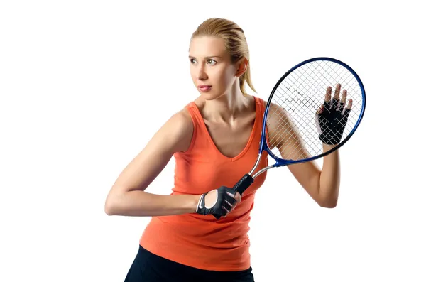 Mulher jogador de tênis no branco — Fotografia de Stock
