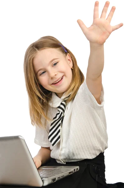 Cute girl with laptop on white — Stock Photo, Image