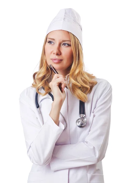 Médico mulher atraente isolado em branco — Fotografia de Stock