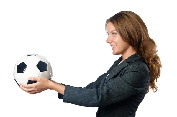 Femme d'affaires avec football sur blanc — Photo