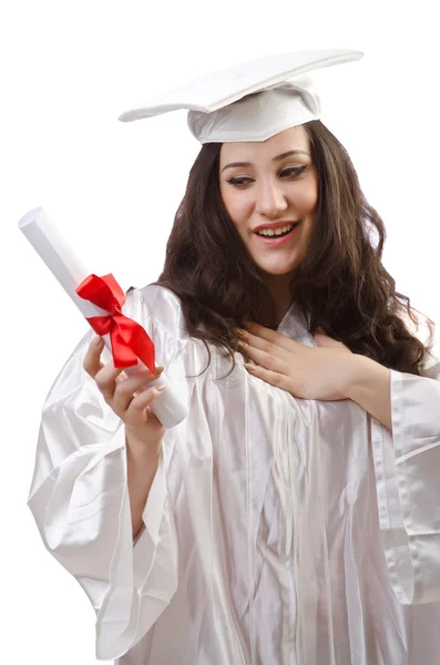 Gelukkig student vieren afstuderen op wit — Stockfoto