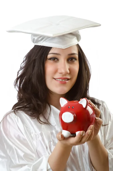 Dure onderwijs concept met student en piggy bank — Stockfoto