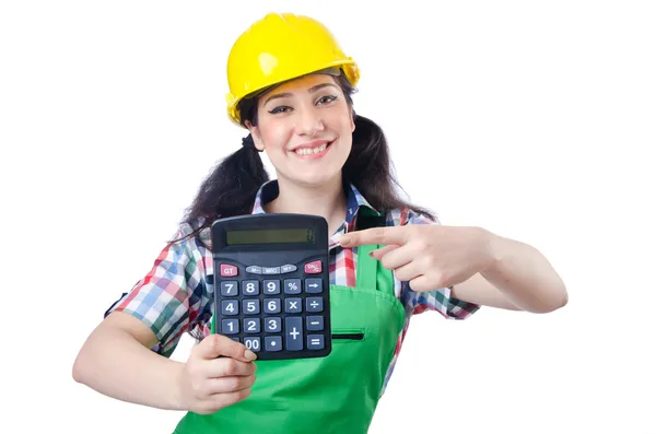 Woman builder with calculator on white — Stock Photo, Image