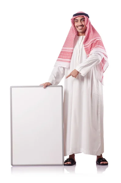 Arab man with blank board on white — Stock Photo, Image