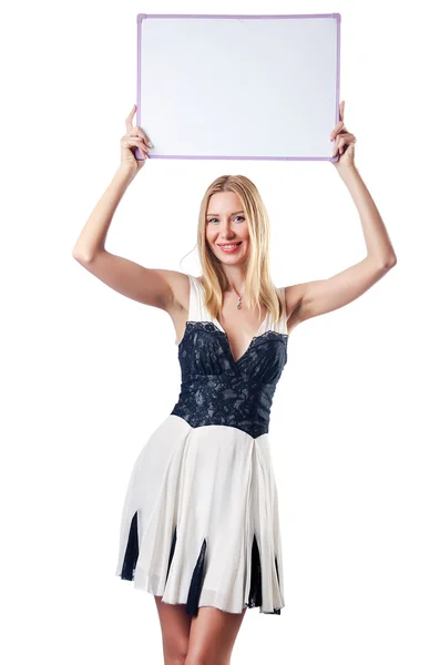 Placa em branco e mulher atraente — Fotografia de Stock