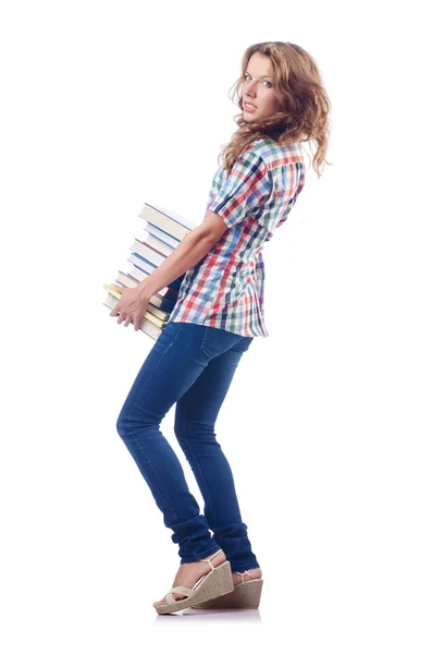 Studente con molti libri sul bianco — Foto Stock