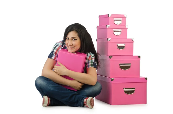 Meisje met stapel giftboxes — Stockfoto