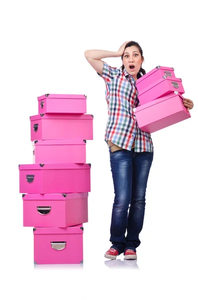 Ragazza con pila di scatole regalo su bianco — Foto Stock