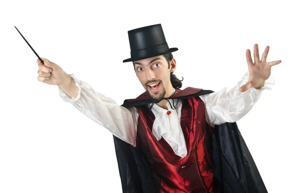 Magician doing tricks on white — Stock Photo, Image