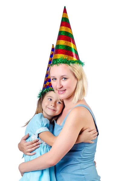Happy mom and daughter on white — Stock Photo, Image